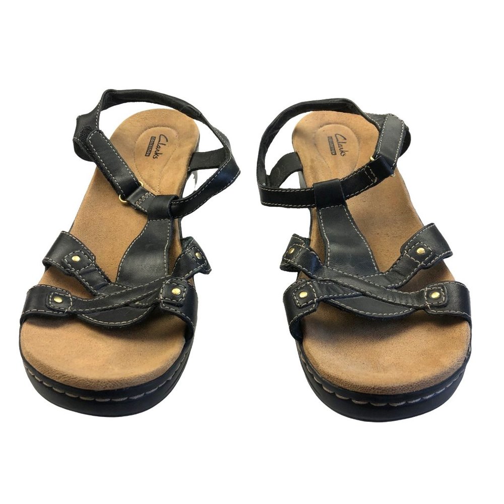 Clarks womens black leather open toe sandals with Velcro Straps Size 12